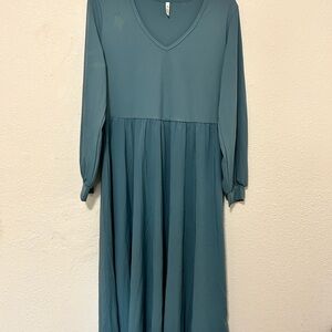 Breezeful V Neck Bishop Long Sleeve Flare Midi Quick Dry Large Stone‎ Blue